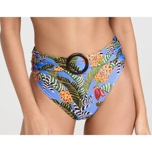 Farm Rio Tropical Leaf Banana High Waist Bikini Bottom Blue Medium Ring Detail